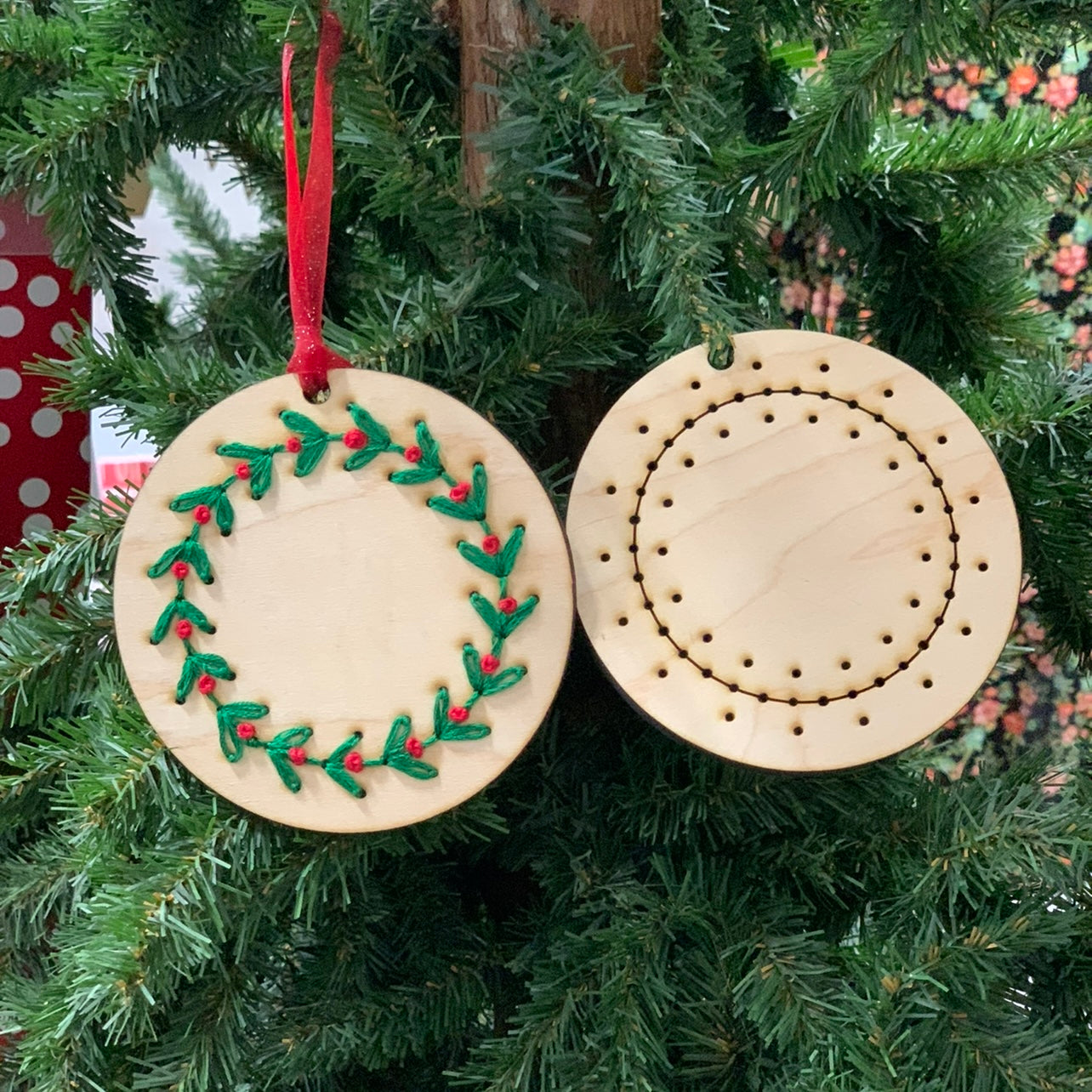 Christmas Wreath Full Foliage Ornament Set of 3 DIY Embroidery Boards