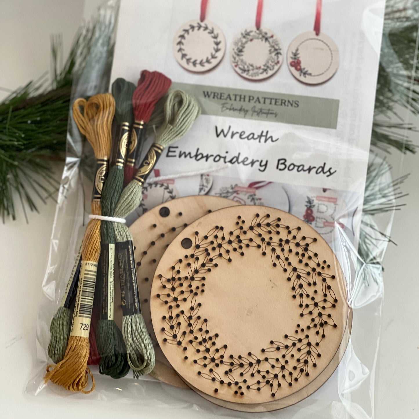 Christmas Wreath Full Foliage Ornament Set of 3 DIY Embroidery Boards