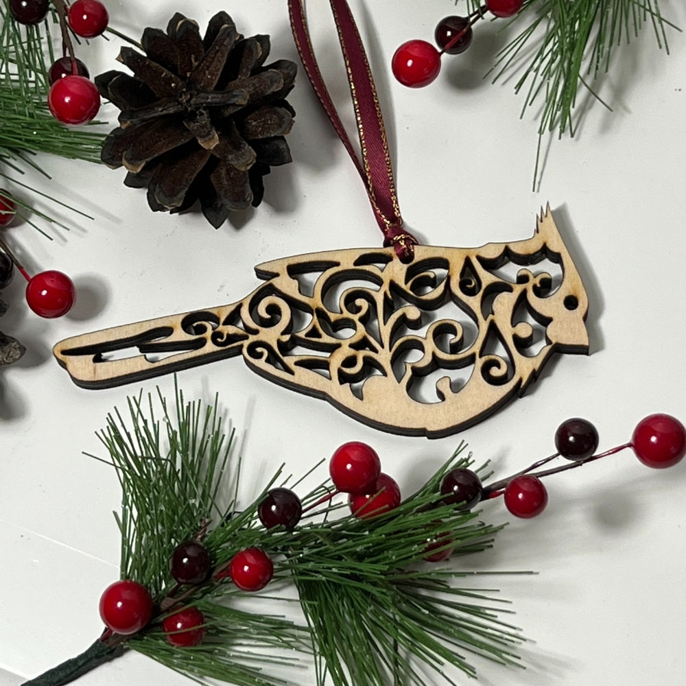 Cardinal Lace Swirls Ornament Natural Wood