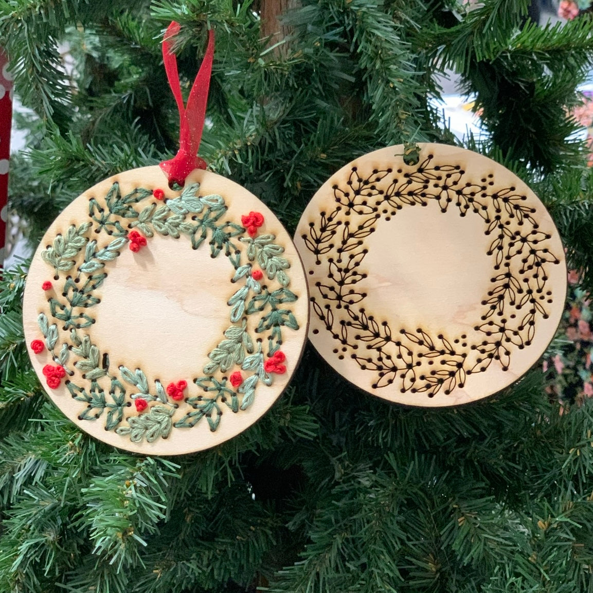 Christmas Wreath Full Foliage Ornament Set of 3 DIY Embroidery Boards