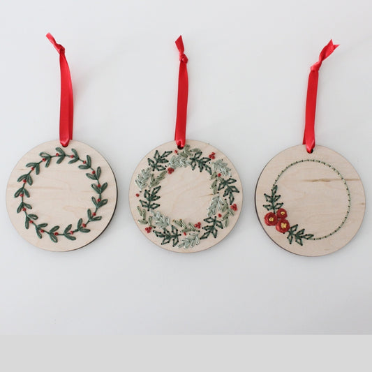 Christmas Wreath Full Foliage Ornament Set of 3 DIY Embroidery Boards