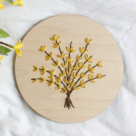 forsythia-bush-embroidery-wooden-board